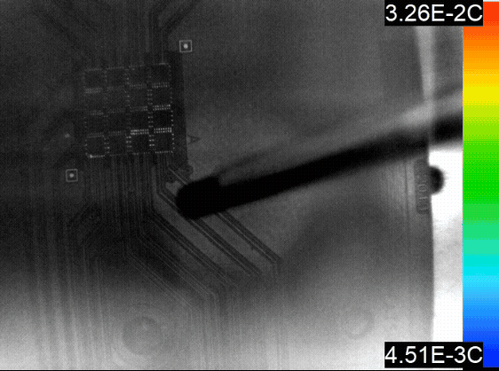 Thermal IR animation showing open-circuit detection: an RF excitation signal heats the conductive path until the open, where the IR camera localizes the fault.