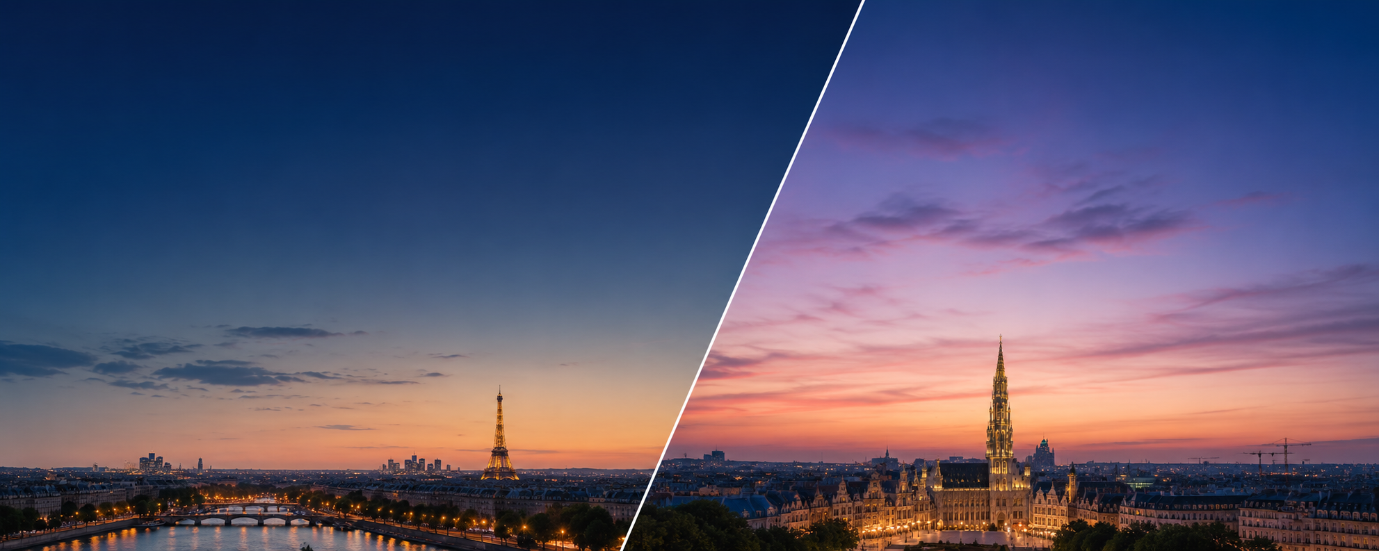 Line-art view of the Eiffel Tower in Paris and the Grand-Place in Brussels, framed by circuit-board traces in French and Belgian flag colors.